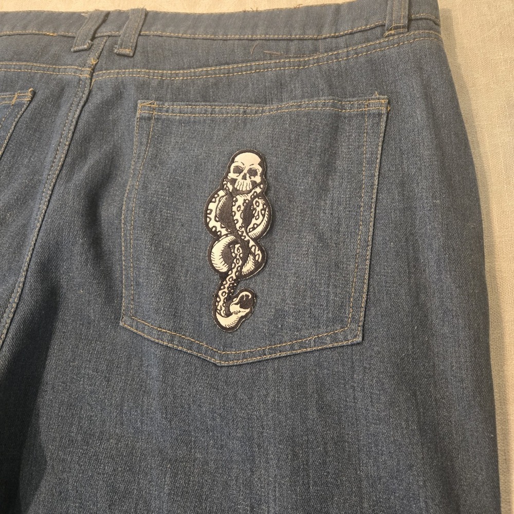Stanley Mens Fleece Lined Pants,‎ 42x30  Blue Jeans With Skull & Snake Patch